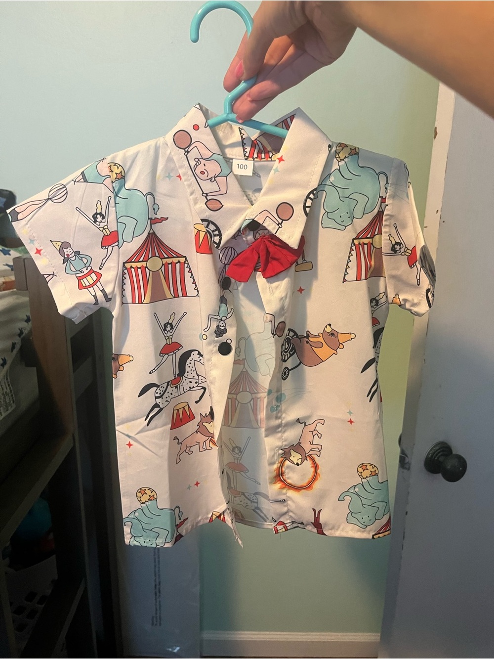 Kids Circus Print Short Sleeve Shirt with Red Bow